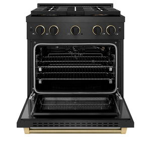 ZLINE Designer Collection 30 in. 4.2 cu. ft. Paramount Gas Range with 4 Burner DuoPro™ Cooktop and Convection Gas Oven in Black Satin Stainless Steel with Matte Black and Champagne Bronze Accents (PSGRBSZ-30-MBCB) front, oven open.