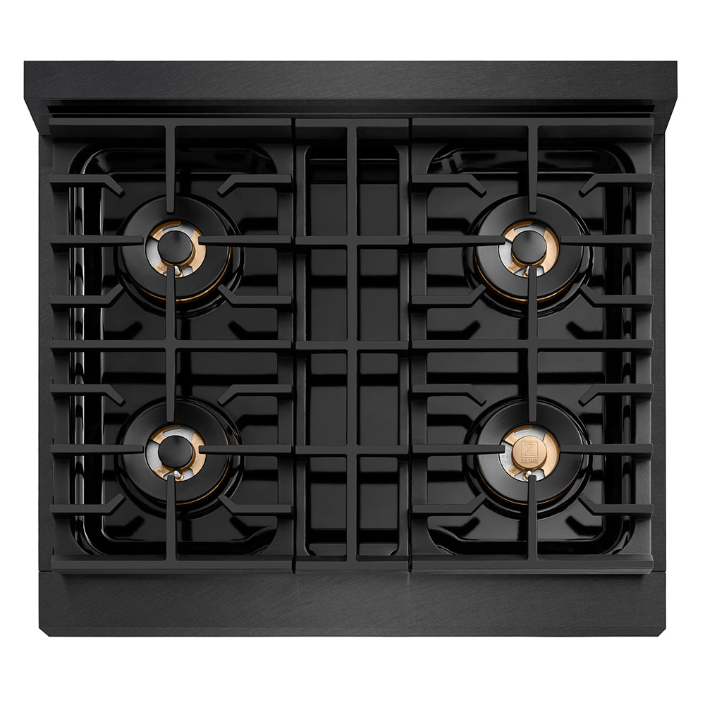 ZLINE Designer Collection 30 in. 4.2 cu. ft. Paramount Gas Range with 4 Burner DuoPro™ Cooktop and Convection Gas Oven in Black Satin Stainless Steel with Matte Black and Champagne Bronze Accents (PSGRBSZ-30-MBCB) top-down, above cooktop.