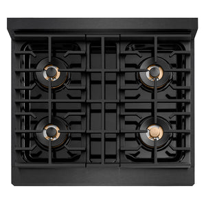 ZLINE Designer Collection 30 in. 4.2 cu. ft. Paramount Gas Range with 4 Burner DuoPro™ Cooktop and Convection Gas Oven in Black Satin Stainless Steel with Matte Black and Champagne Bronze Accents (PSGRBSZ-30-MBCB) top-down, above cooktop.