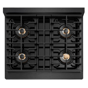 ZLINE Designer Collection 30 in. 4.2 cu. ft. Paramount Gas Range with 4 Burner DuoPro™ Cooktop and Convection Gas Oven in Black Satin Stainless Steel with Matte Black and Champagne Bronze Accents (PSGRBSZ-30-MBCB) top-down, above cooktop.