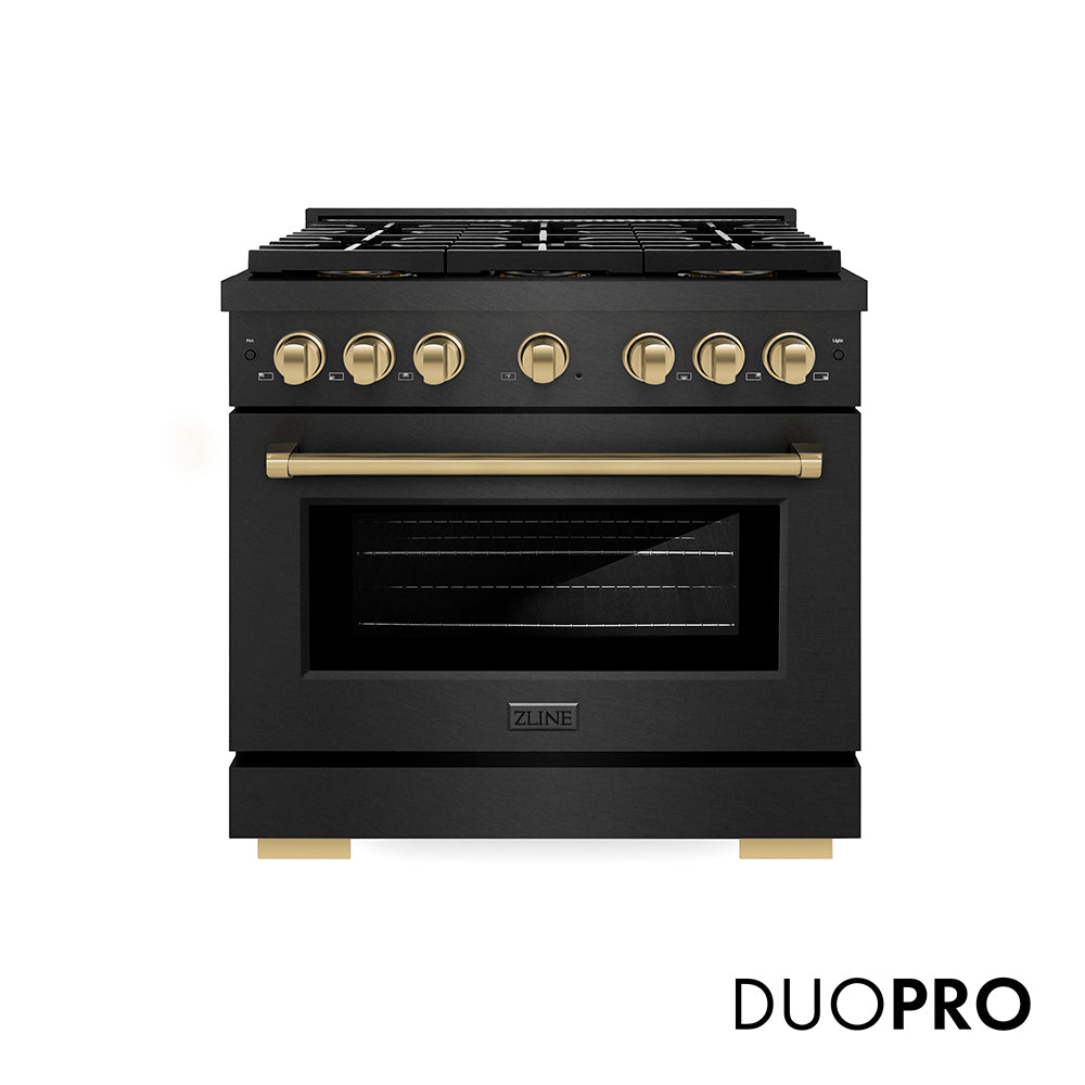ZLINE Autograph Edition 36 in. 5.2 cu. ft. Paramount Gas Range with 6 Burner DuoPro™ Cooktop and Convection Gas Oven in Black Satin Stainless Steel and Champagne Bronze Accents (PSGRBSZ-36-CB) front, with DuoPro™ logo.