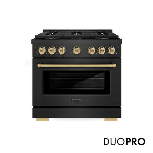 ZLINE Autograph Edition 36 in. 5.2 cu. ft. Paramount Gas Range with 6 Burner DuoPro™ Cooktop and Convection Gas Oven in Black Satin Stainless Steel and Champagne Bronze Accents (PSGRBSZ-36-CB) front, with DuoPro™ logo.