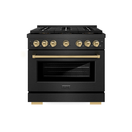 ZLINE Autograph Edition 36 in. 5.2 cu. ft. Paramount Gas Range with 6 Burner DuoPro™ Cooktop and Convection Gas Oven in Black Satin Stainless Steel and Champagne Bronze Accents (PSGRBSZ-36-CB)