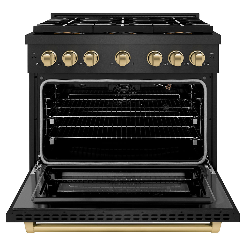 ZLINE Autograph Edition 36 in. 5.2 cu. ft. Paramount Gas Range with 6 Burner DuoPro™ Cooktop and Convection Gas Oven in Black Satin Stainless Steel and Champagne Bronze Accents (PSGRBSZ-36-CB) front, oven open.