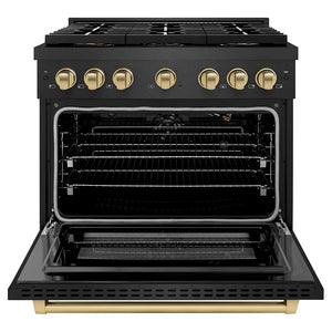 ZLINE Autograph Edition 36 in. 5.2 cu. ft. Paramount Gas Range with 6 Burner DuoPro™ Cooktop and Convection Gas Oven in Black Satin Stainless Steel and Champagne Bronze Accents (PSGRBSZ-36-CB) front, oven open.