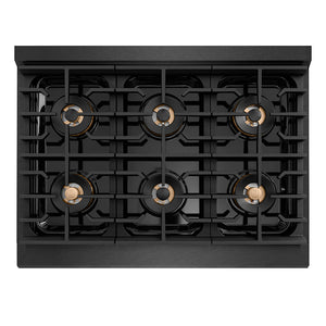 ZLINE Autograph Edition 36 in. 5.2 cu. ft. Paramount Gas Range with 6 Burner DuoPro™ Cooktop and Convection Gas Oven in Black Satin Stainless Steel and Champagne Bronze Accents (PSGRBSZ-36-CB) top-down, above cooktop.