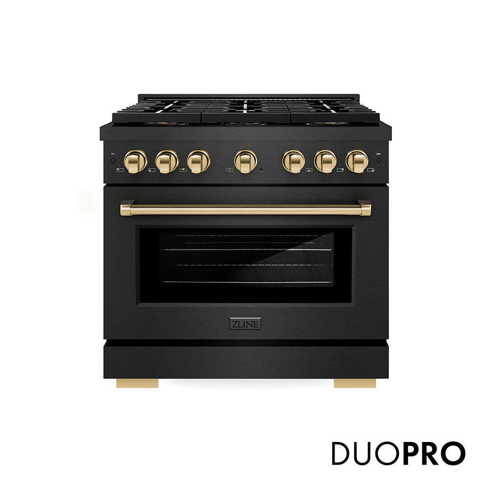 ZLINE Autograph Edition 36 in. 5.2 cu. ft. Paramount Gas Range with 6 Burner DuoPro™ Cooktop and Convection Gas Oven in Black Satin Stainless Steel and Polished Gold Accents (PSGRBSZ-36-G) front, with DuoPro™ logo.