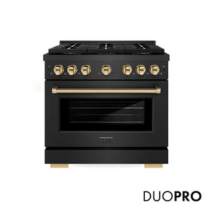 ZLINE Autograph Edition 36 in. 5.2 cu. ft. Paramount Gas Range with 6 Burner DuoPro™ Cooktop and Convection Gas Oven in Black Satin Stainless Steel and Polished Gold Accents (PSGRBSZ-36-G) front, with DuoPro™ logo.