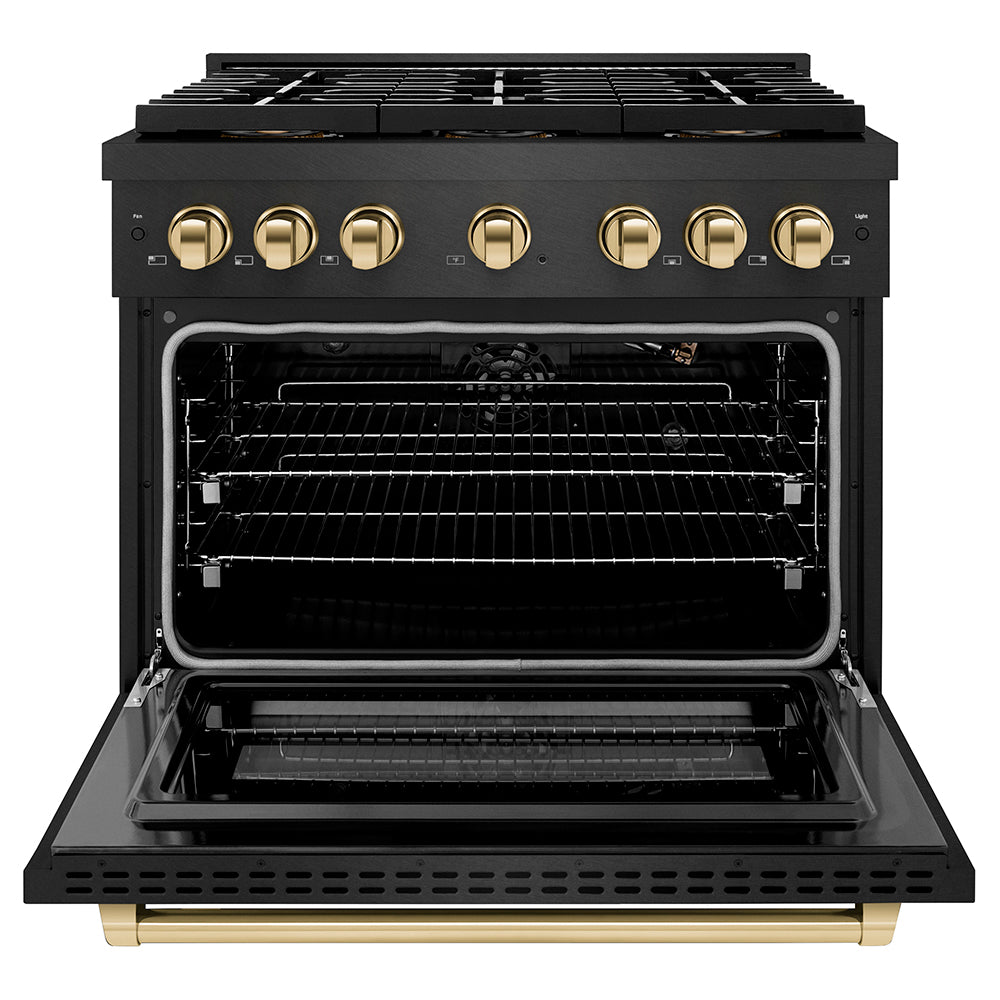 ZLINE Autograph Edition 36 in. 5.2 cu. ft. Paramount Gas Range with 6 Burner DuoPro™ Cooktop and Convection Gas Oven in Black Satin Stainless Steel and Polished Gold Accents (PSGRBSZ-36-G) front, oven open.