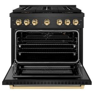 ZLINE Autograph Edition 36 in. 5.2 cu. ft. Paramount Gas Range with 6 Burner DuoPro™ Cooktop and Convection Gas Oven in Black Satin Stainless Steel and Polished Gold Accents (PSGRBSZ-36-G) front, oven open.