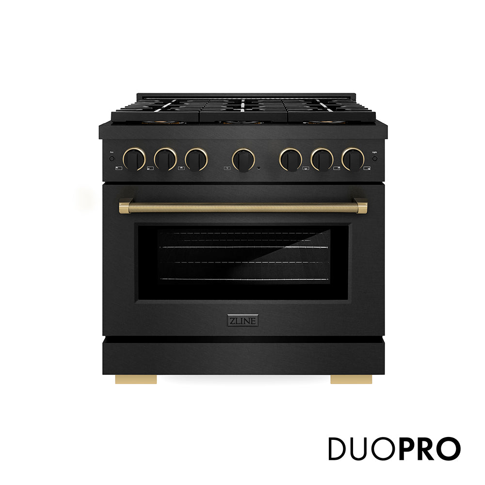 ZLINE Designer Collection 36 in. 5.2 cu. ft. Paramount Gas Range with 6 Burner DuoPro™ Cooktop and Convection Gas Oven in Black Satin Stainless Steel with Matte Black and Champagne Bronze Accents (PSGRBSZ-36-MBCB) front, with DuoPro™ logo.