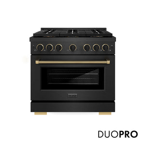 ZLINE Designer Collection 36 in. 5.2 cu. ft. Paramount Gas Range with 6 Burner DuoPro™ Cooktop and Convection Gas Oven in Black Satin Stainless Steel with Matte Black and Champagne Bronze Accents (PSGRBSZ-36-MBCB) front, with DuoPro™ logo.