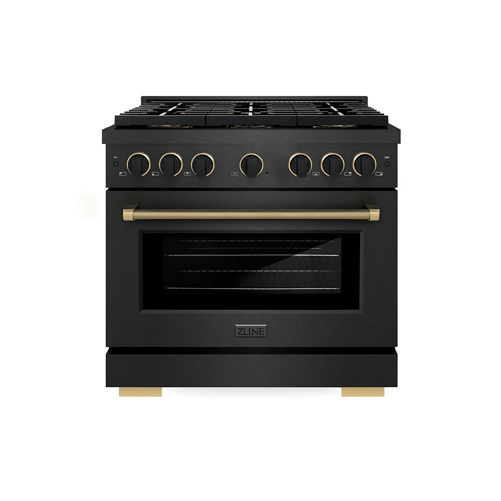 ZLINE Designer Collection 36 in. 5.2 cu. ft. Paramount Gas Range with 6 Burner DuoPro™ Cooktop and Convection Gas Oven in Black Satin Stainless Steel with Matte Black and Champagne Bronze Accents (PSGRBSZ-36-MBCB)