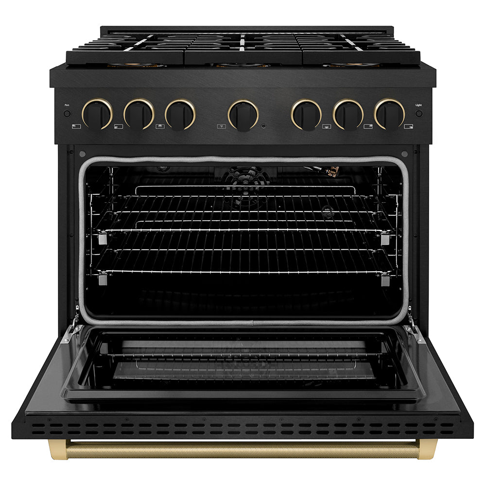 ZLINE Designer Collection 36 in. 5.2 cu. ft. Paramount Gas Range with 6 Burner DuoPro™ Cooktop and Convection Gas Oven in Black Satin Stainless Steel with Matte Black and Champagne Bronze Accents (PSGRBSZ-36-MBCB) front, oven open.