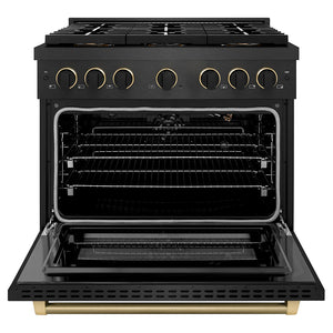 ZLINE Designer Collection 36 in. 5.2 cu. ft. Paramount Gas Range with 6 Burner DuoPro™ Cooktop and Convection Gas Oven in Black Satin Stainless Steel with Matte Black and Champagne Bronze Accents (PSGRBSZ-36-MBCB) front, oven open.