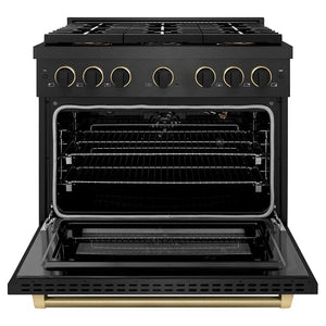 ZLINE Designer Collection 36 in. 5.2 cu. ft. Paramount Gas Range with 6 Burner DuoPro™ Cooktop and Convection Gas Oven in Black Satin Stainless Steel with Matte Black and Champagne Bronze Accents (PSGRBSZ-36-MBCB) front, oven open.