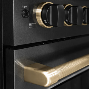 ZLINE Designer Collection 36 in. 5.2 cu. ft. Paramount Gas Range with 6 Burner DuoPro™ Cooktop and Convection Gas Oven in Black Satin Stainless Steel with Matte Black and Champagne Bronze Accents (PSGRBSZ-36-MBCB) close-up of two-tone knob accents and knurled diamond-texture on handle.