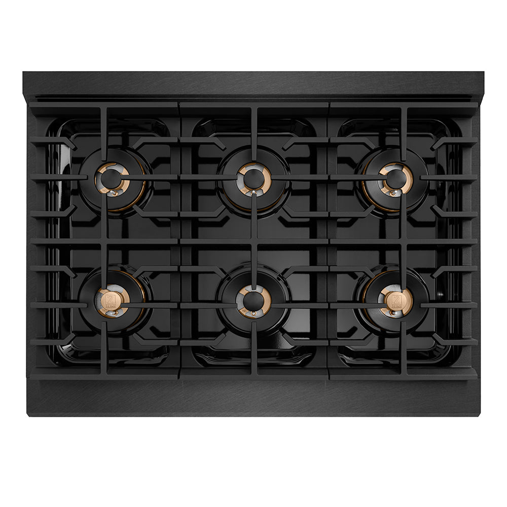 ZLINE Designer Collection 36 in. 5.2 cu. ft. Paramount Gas Range with 6 Burner DuoPro™ Cooktop and Convection Gas Oven in Black Satin Stainless Steel with Matte Black and Champagne Bronze Accents (PSGRBSZ-36-MBCB) top-down, above cooktop.