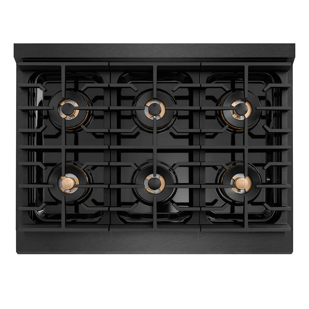 ZLINE Designer Collection 36 in. 5.2 cu. ft. Paramount Gas Range with 6 Burner DuoPro™ Cooktop and Convection Gas Oven in Black Satin Stainless Steel with Matte Black and Champagne Bronze Accents (PSGRBSZ-36-MBCB) top-down, above cooktop.