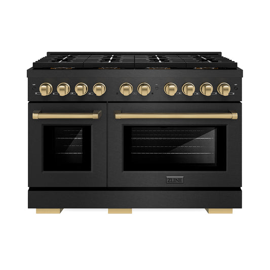 ZLINE Autograph Edition 48 in. 6.7 cu. ft. Paramount Gas Range with 8 Burner DuoPro™ Cooktop and Dual Ovens in Black Satin Stainless Steel and Champagne Bronze Accents (PSGRBSZ-48-CB)