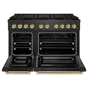 ZLINE Autograph Edition 48 in. 6.7 cu. ft. Paramount Gas Range with 8 Burner DuoPro™ Cooktop and Dual Ovens in Black Satin Stainless Steel and Champagne Bronze Accents (PSGRBSZ-48-CB) front, oven open.