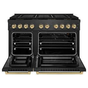 ZLINE Autograph Edition 48 in. 6.7 cu. ft. Paramount Gas Range with 8 Burner DuoPro™ Cooktop and Dual Ovens in Black Satin Stainless Steel and Champagne Bronze Accents (PSGRBSZ-48-CB) front, oven open.