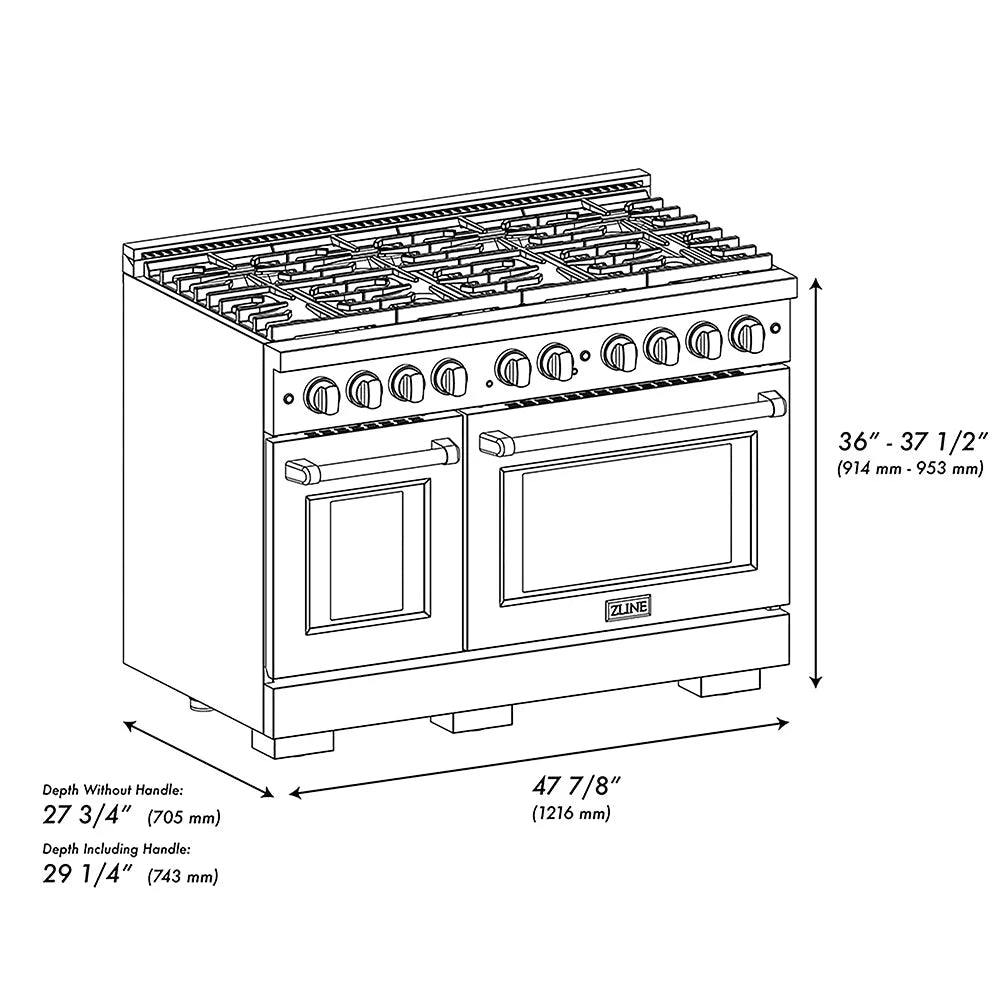 ZLINE Autograph Edition 48 in. 6.7 cu. ft. Paramount Gas Range with 8 Burner DuoPro™ Cooktop and Dual Ovens in Black Satin Stainless Steel and Polished Gold Accents (PSGRBSZ-48-G) dimensional diagram.