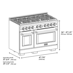 ZLINE Autograph Edition 48 in. 6.7 cu. ft. Paramount Gas Range with 8 Burner DuoPro™ Cooktop and Dual Ovens in Black Satin Stainless Steel and Polished Gold Accents (PSGRBSZ-48-G) dimensional diagram.