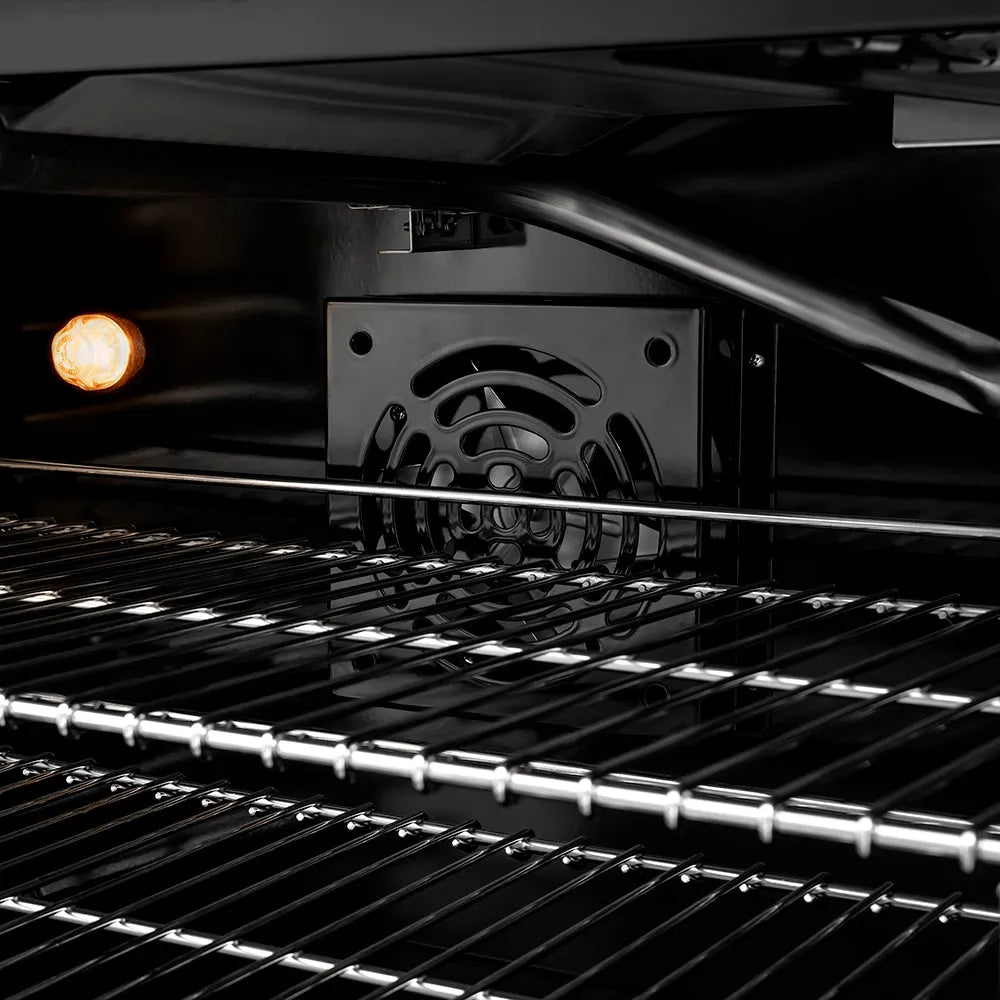 ZLINE Autograph Edition 48 in. 6.7 cu. ft. Paramount Gas Range with 8 Burner DuoPro™ Cooktop and Dual Ovens in Black Satin Stainless Steel and Polished Gold Accents (PSGRBSZ-48-G) convection fan and lighting inside oven.