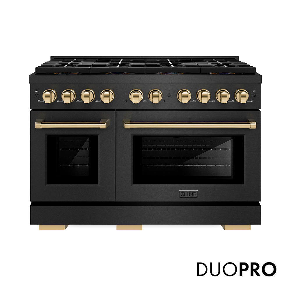 ZLINE Autograph Edition 48 in. 6.7 cu. ft. Paramount Gas Range with 8 Burner DuoPro™ Cooktop and Dual Ovens in Black Satin Stainless Steel and Polished Gold Accents (PSGRBSZ-48-G) front, with DuoPro™ logo.