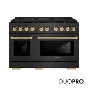 ZLINE Autograph Edition 48 in. 6.7 cu. ft. Paramount Gas Range with 8 Burner DuoPro™ Cooktop and Dual Ovens in Black Satin Stainless Steel and Polished Gold Accents (PSGRBSZ-48-G) front, with DuoPro™ logo.