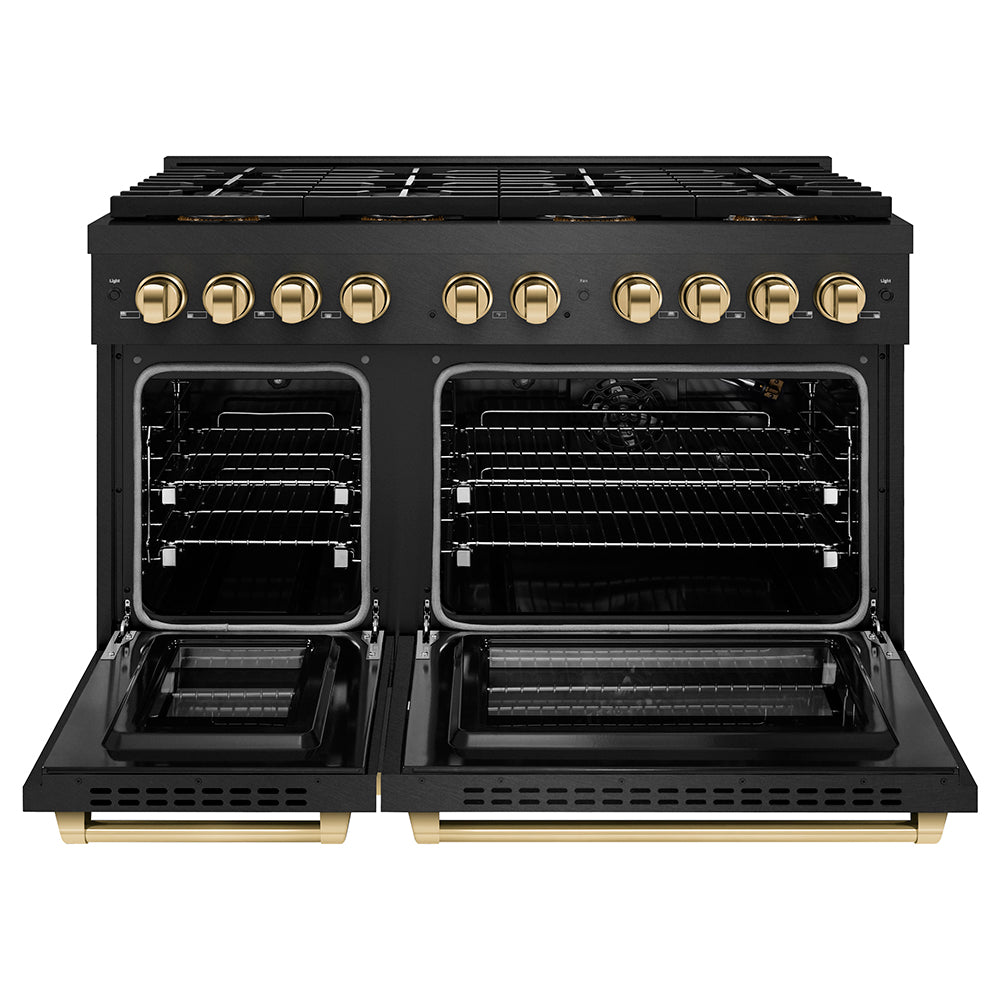 ZLINE Autograph Edition 48 in. 6.7 cu. ft. Paramount Gas Range with 8 Burner DuoPro™ Cooktop and Dual Ovens in Black Satin Stainless Steel and Polished Gold Accents (PSGRBSZ-48-G) front, oven open.