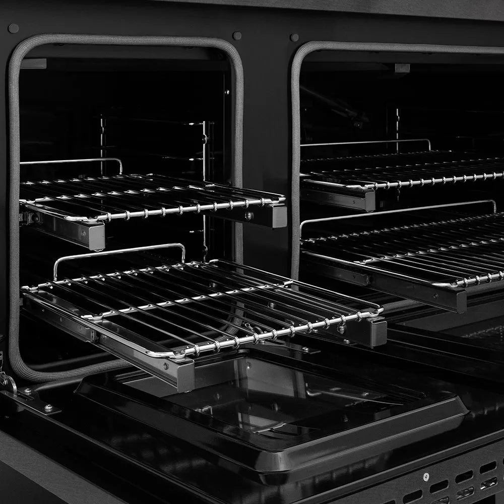 ZLINE Autograph Edition 48 in. 6.7 cu. ft. Paramount Gas Range with 8 Burner DuoPro™ Cooktop and Dual Ovens in Black Satin Stainless Steel and Polished Gold Accents (PSGRBSZ-48-G) open oven with racks inside, showing interior design and layout.