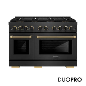 ZLINE Designer Collection 48 in. 6.7 cu. ft. Paramount Gas Range with 8 Burner DuoPro™ Cooktop and Dual Ovens in Black Satin Stainless Steel with Matte Black and Champagne Bronze Accents (PSGRBSZ-48-MBCB) front, with DuoPro™ logo.