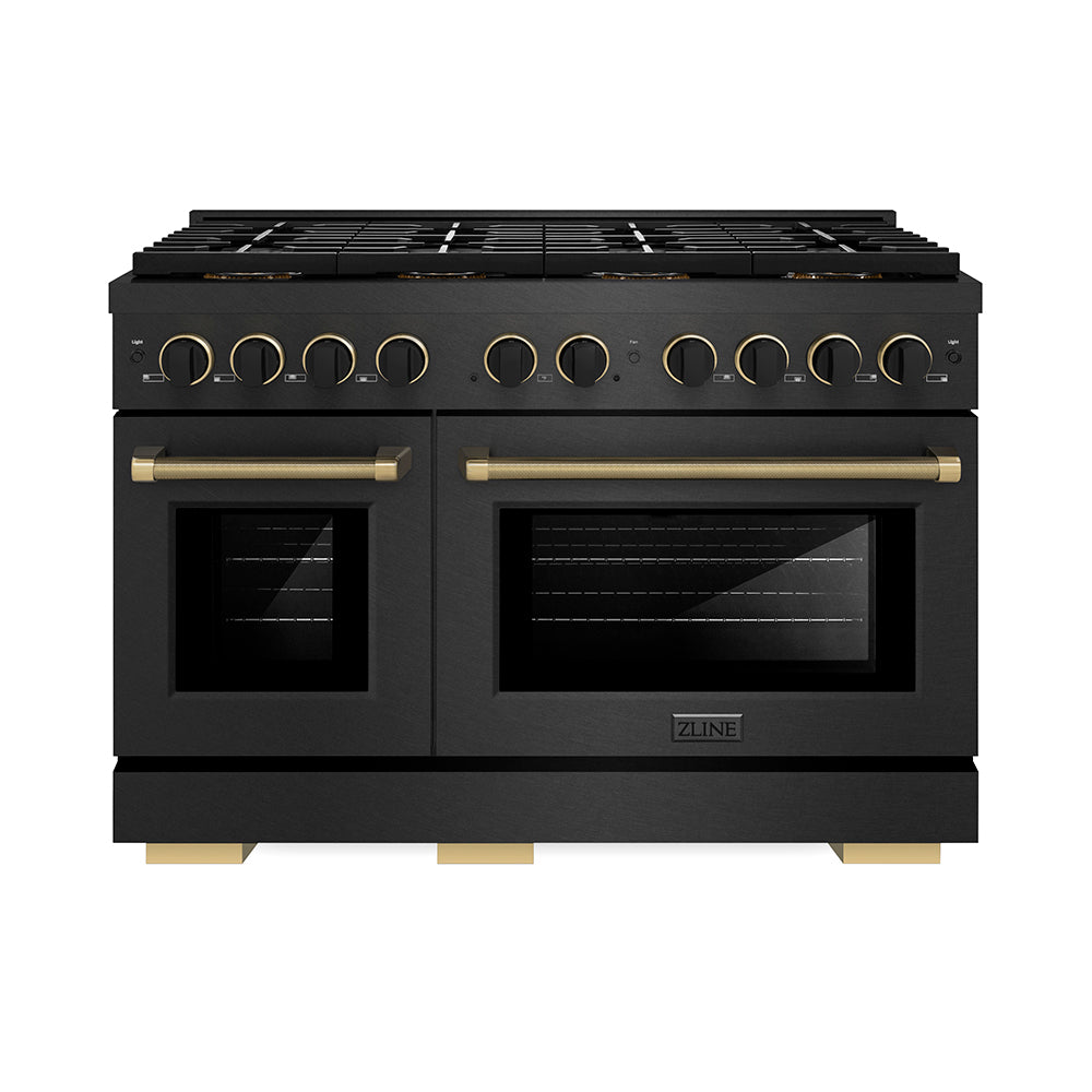 ZLINE Designer Collection 48 in. 6.7 cu. ft. Paramount Gas Range with 8 Burner DuoPro™ Cooktop and Dual Ovens in Black Satin Stainless Steel with Matte Black and Champagne Bronze Accents (PSGRBSZ-48-MBCB)