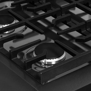 ZLINE 30 in. Paramount Gas Rangetop with 4 Burners and Porcelain Cooktop in Black Satin Stainless Steel (SRTBS-30) burners and grates.