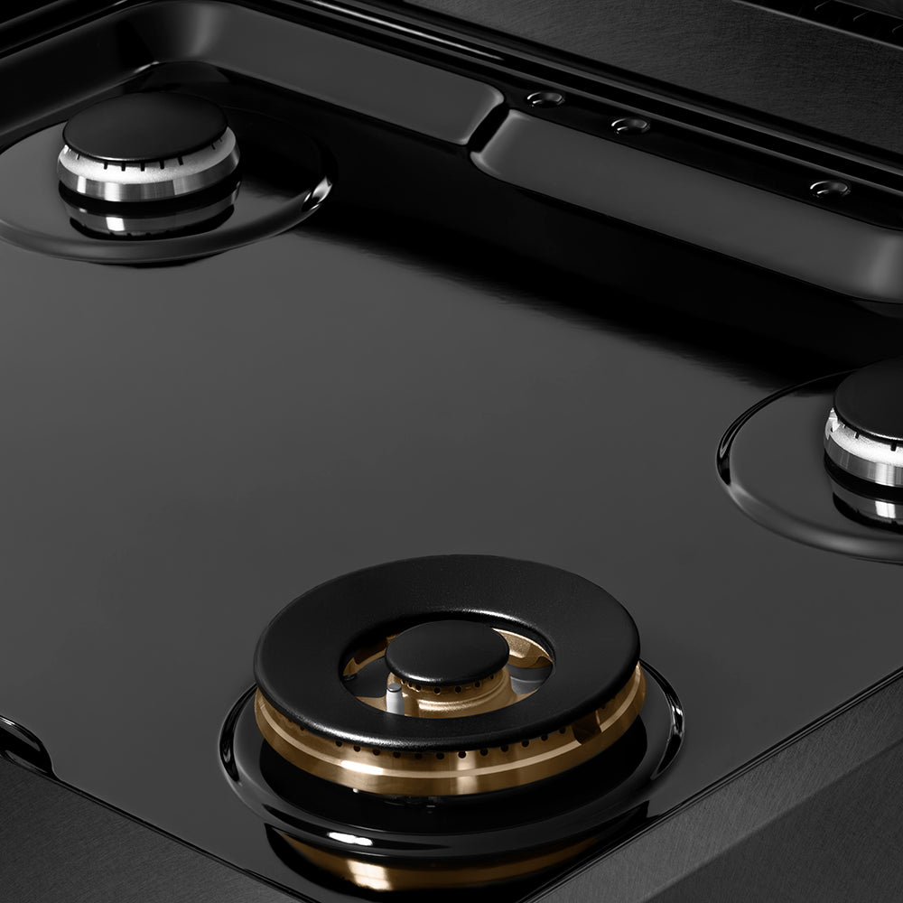 ZLINE 30 in. Paramount Gas Rangetop with 4 Burners and Porcelain Cooktop in Black Satin Stainless Steel (SRTBS-30) black porcelain cooktop and burners with no grates.