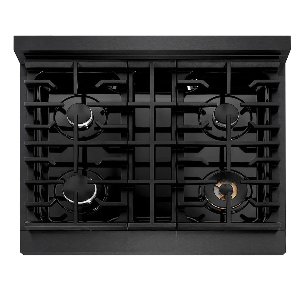 ZLINE 30 in. Paramount Gas Rangetop with 4 Burners and Porcelain Cooktop in Black Satin Stainless Steel (SRTBS-30) top-down, above cooktop.