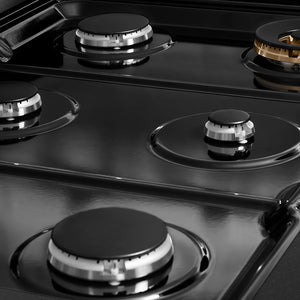 ZLINE 36 in. Paramount Gas Rangetop with 6 Burners and Porcelain Cooktop in Black Satin Stainless Steel (SRTBS-36) black porcelain cooktop and burners with no grates.