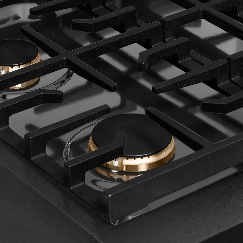 ZLINE 30 in. Paramount Gas Rangetop with 4 Brass Burners and Porcelain Cooktop in Black Satin Stainless Steel (SRTBS-BR-30) burners and grates.