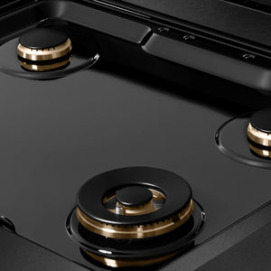 ZLINE 30 in. Paramount Gas Rangetop with 4 Brass Burners and Porcelain Cooktop in Black Satin Stainless Steel (SRTBS-BR-30) black porcelain cooktop and burners with no grates.