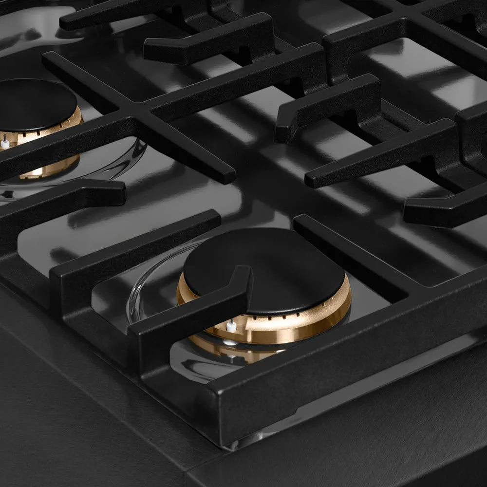 ZLINE Autograph Edition 30 in. Paramount Gas Rangetop with 4 Burners and Porcelain Cooktop in Black Satin Stainless Steel with Polished Gold Accents (SRTBSZ-30-G) burners and grates.