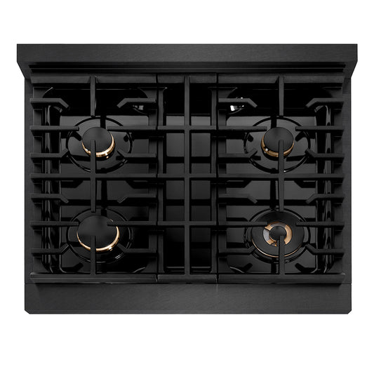 ZLINE Autograph Edition 30 in. Paramount Gas Rangetop with 4 Burners and Porcelain Cooktop in Black Satin Stainless Steel with Polished Gold Accents (SRTBSZ-30-G) top-down, above cooktop.