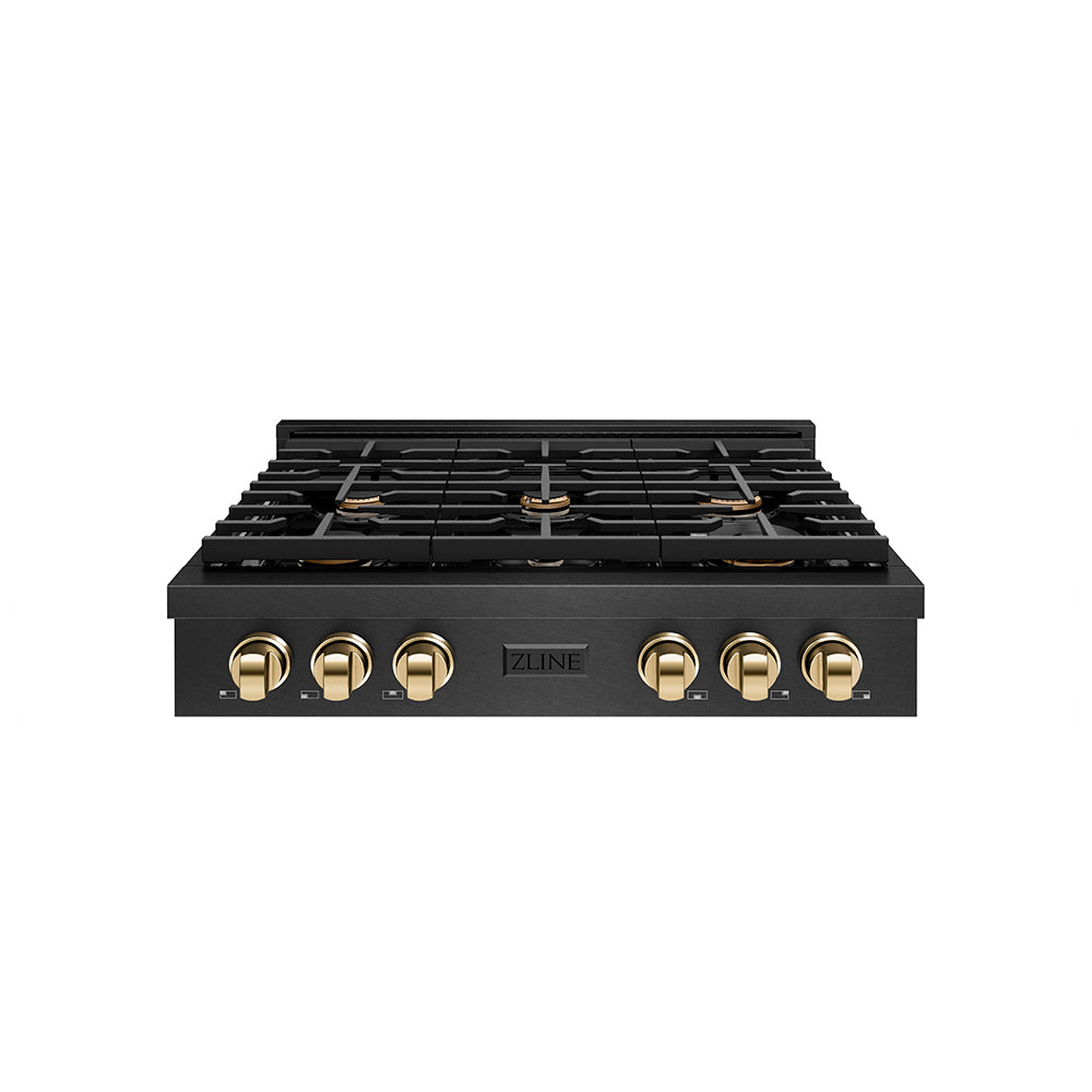 ZLINE Autograph Edition 36 in. Paramount Gas Rangetop with 6 Burners and Porcelain Cooktop in Black Satin Stainless Steel with Polished Gold Accents (SRTBSZ-36-G)