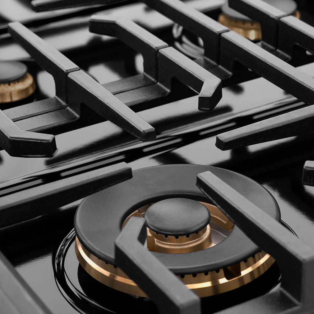ZLINE Designer Collection 36 in. Paramount Gas Rangetop with 6 Burners in Black Satin Stainless Steel with Matte Black and Champagne Bronze Accents (SRTBSZ-36-MBCB) large burner.