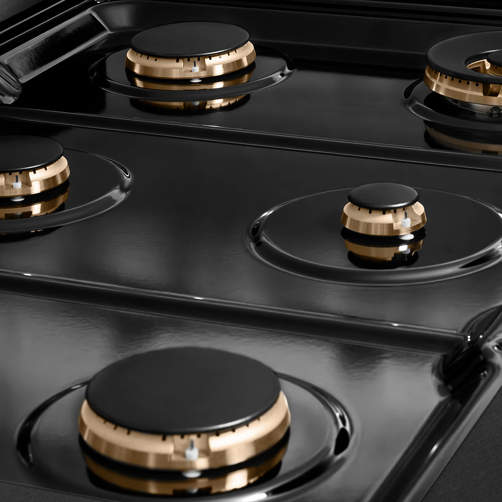 ZLINE Designer Collection 36 in. Paramount Gas Rangetop with 6 Burners in Black Satin Stainless Steel with Matte Black and Champagne Bronze Accents (SRTBSZ-36-MBCB) black porcelain cooktop and burners with no grates.