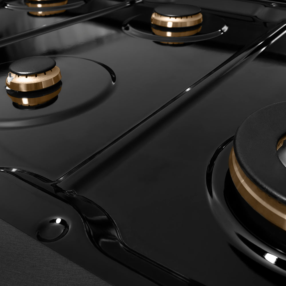 ZLINE Autograph Edition 48 in. Paramount Gas Rangetop with 8 Burners and Porcelain Cooktop in Black Satin Stainless Steel with Champagne Bronze Accents (SRTBSZ-48-CB) black porcelain cooktop and burners with no grates.