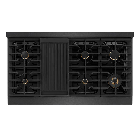 ZLINE Autograph Edition 48 in. Paramount Gas Rangetop with 8 Burners and Porcelain Cooktop in Black Satin Stainless Steel with Polished Gold Accents (SRTBSZ-48-G) top-down, above cooktop.