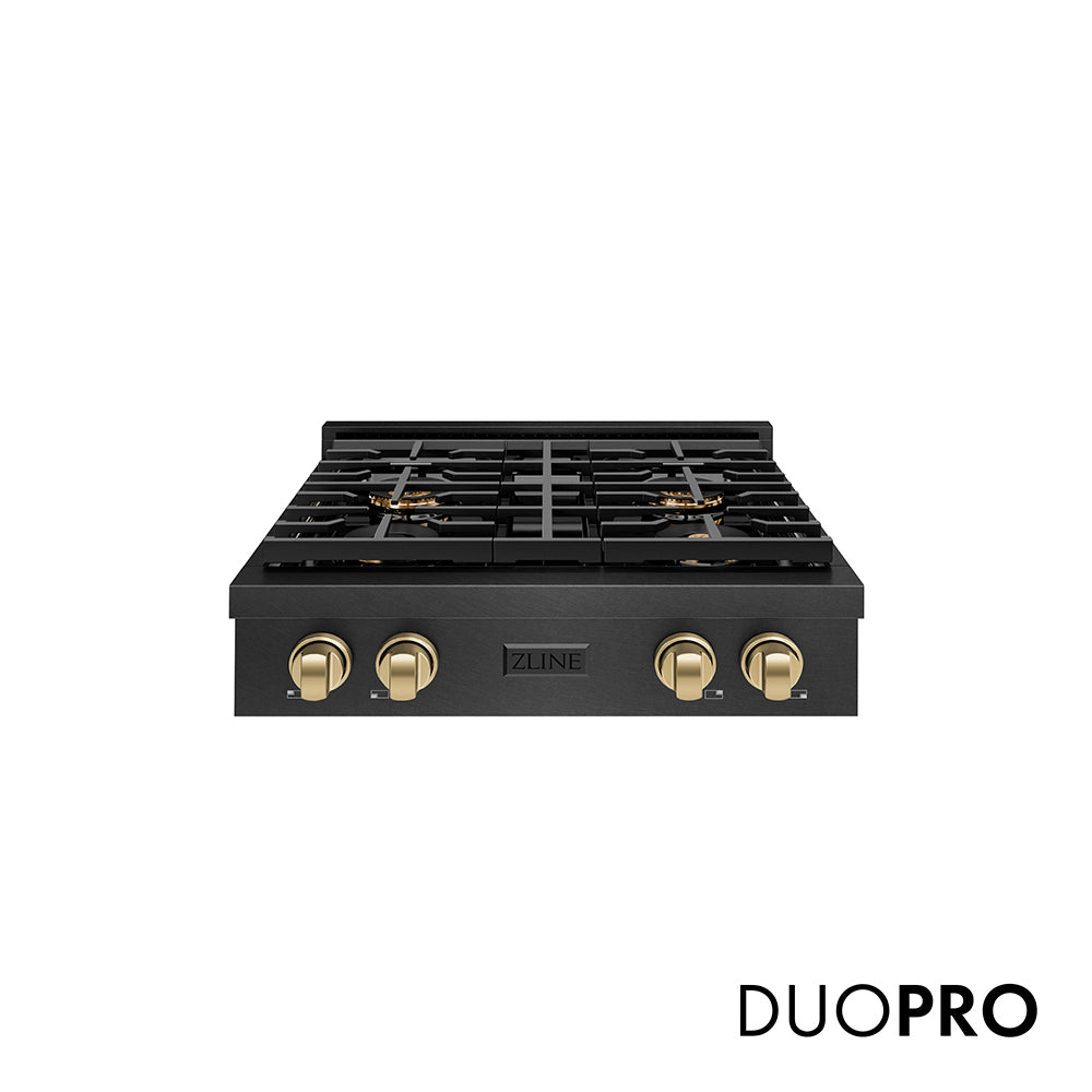 ZLINE Autograph Edition 30 in. Paramount Gas Rangetop with 4 Burner DuoPro™ Cooktop in Black Satin Stainless Steel and Champagne Bronze Accents (PSRTBSZ-30-CB)