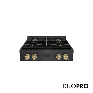 ZLINE Autograph Edition 30 in. Paramount Gas Rangetop with 4 Burner DuoPro™ Cooktop in Black Satin Stainless Steel and Champagne Bronze Accents (PSRTBSZ-30-CB)